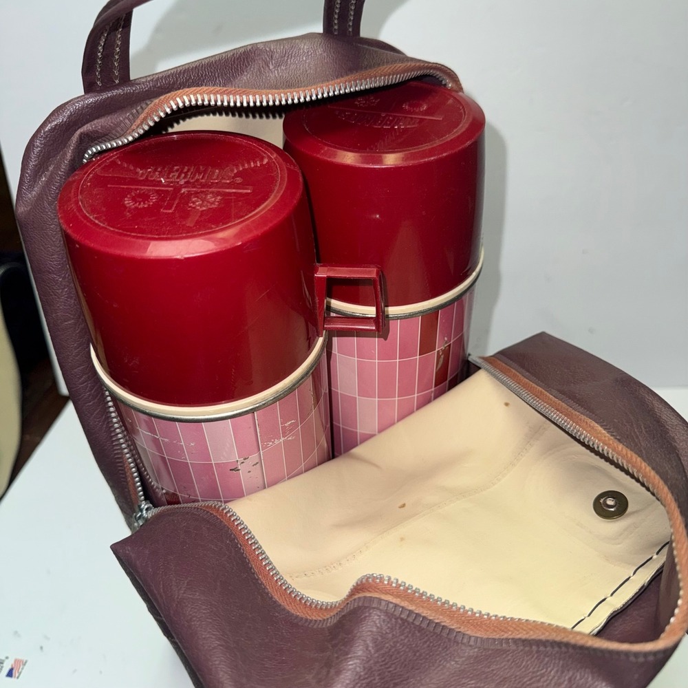 Thermos Picnic Set Pink Burgundy Vintage 60's Mosaic Bottles with Case
